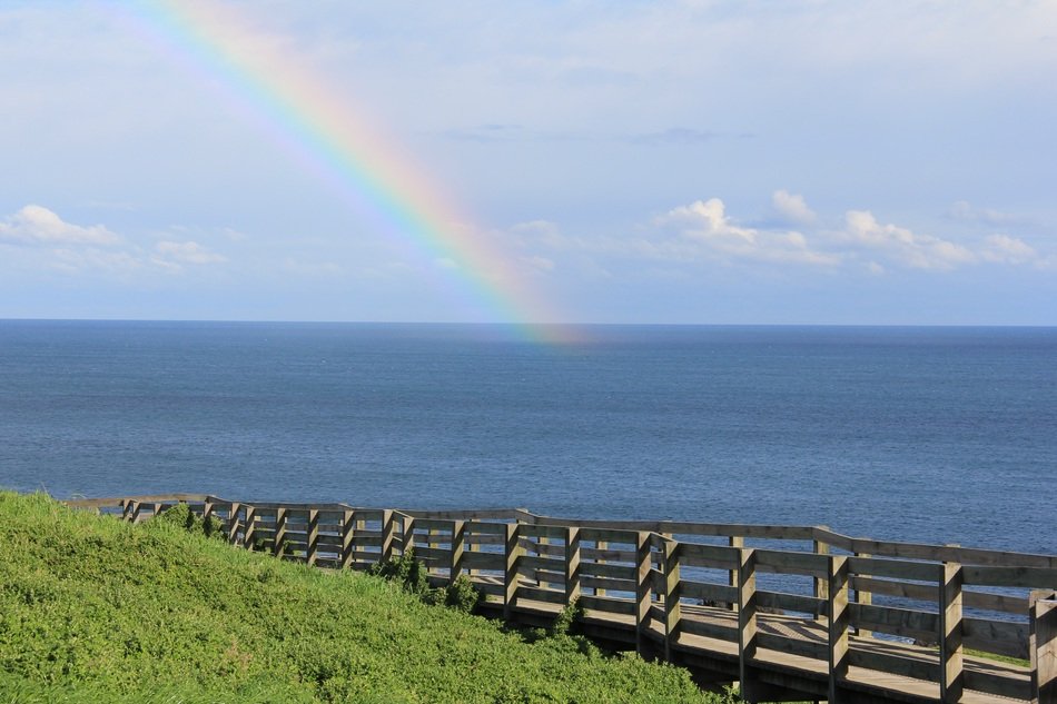 photo of a wooden bridge and a rainbow over the sea