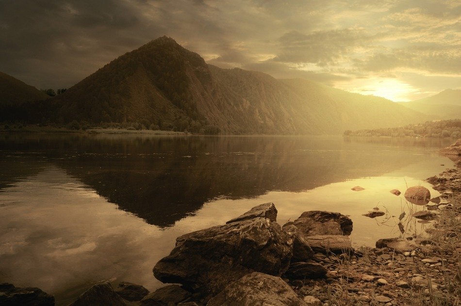 River near the mountain at dusk