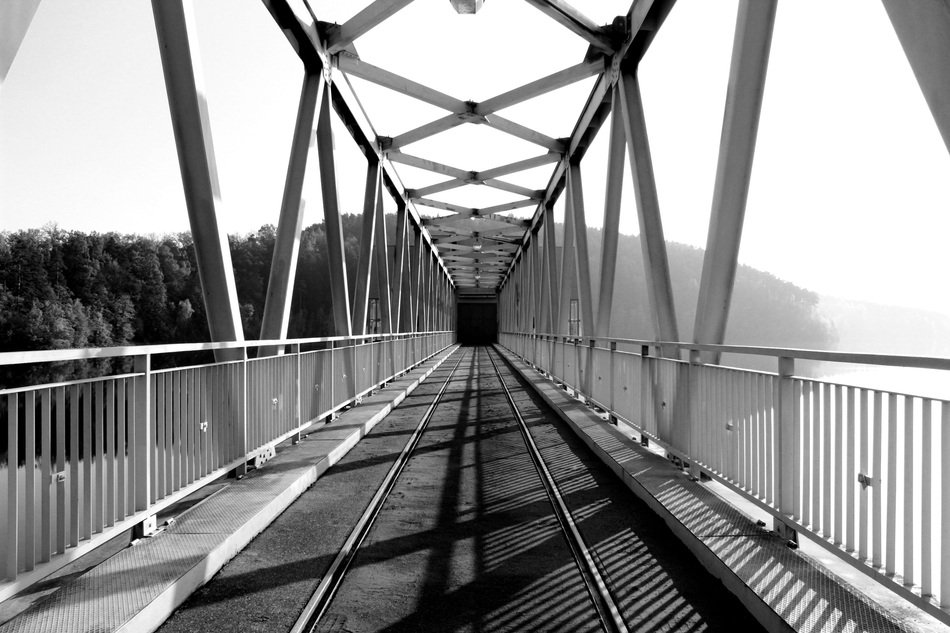 black and white photo of the railway bridge in the Czech Republic
