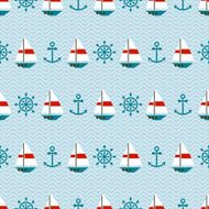 Seamless sea pattern of sailboats anchors and steering wheels