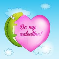 Valentines day card Cartoon cute crocodile with big pink heart N2