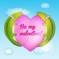 Valentines day card Cute crocodile family with big pink heart