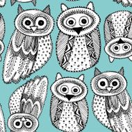 Decorative Hand dravn Cute Owl Sketch black blue seamless pattern