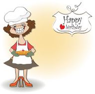 birthday greeting card with funny woman and pie N13