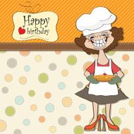 birthday greeting card with funny woman and pie N16