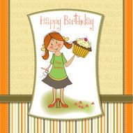 birthday greeting card with girl and big cupcake N25