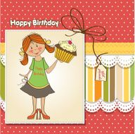 birthday greeting card with girl and big cupcake N26