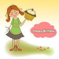 birthday greeting card with girl and big cupcake N27