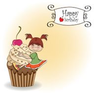 birthday card with funny girl perched on cupcake N19