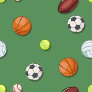 vector seamless pattern of sport balls on green background