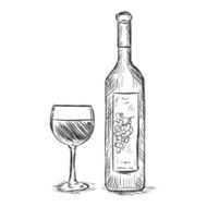 vector sketch illustration - glass and bottle of red wine