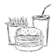 vector sketch illustration - fast food french fries soda burger