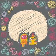 Owls cute cartoon card and sample text Dark background