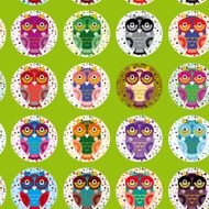 Seamless pattern with funny colored owls on green background vector N2