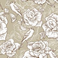 BeautifulSeamless Rose Background with Birds N4