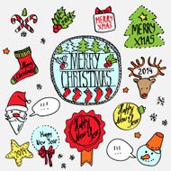 Vector christmas label set hand drawn colorful doodle illustration