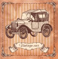 Vintage car in the style of engraving drawn by ink