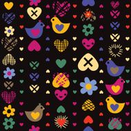 heart bird flower seamless pattern on dark background