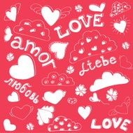 Love words in different languages and seamless hearts silhouette pattern