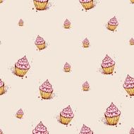 Cupcakes with pink cream Hand drawn sketch background seamless pattern