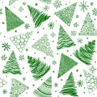 Seamless background with hand-drawn Christmas trees and snowflakes N2