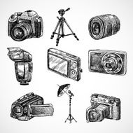 Camera sketch icons set