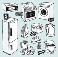Cartoon hand-drawn household appliances for cooking and cleaning N2