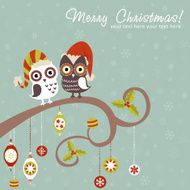 Christmas card of owls in hats sitting N3