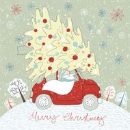 Santa Claus riding in a car with Christmas tree N2