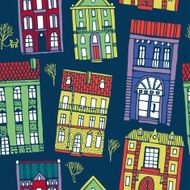 Hand drawn seamless pattern with colorful houses N2