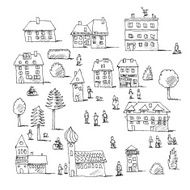 Buildings Trees People Urban Life Set Drawing