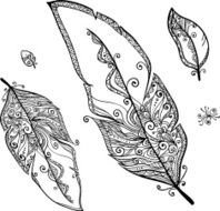 Vector doodle ethno feathers set