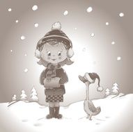 Monotone winter girl and duck in snow N2