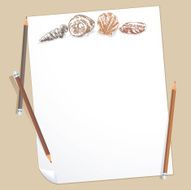 Sketchpad With Doodled Shells And Colored Pencils