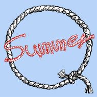 Word &quot;Summer&quot; in the circle rope frame on striped background