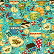 Tea coffee and sweets doodle template invitation Seamless pattern N2
