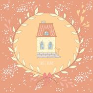Sweet home illustration with a wreath and cute house N6
