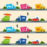 Urban cargo trucks vector seamless pattern in simple kids style N2
