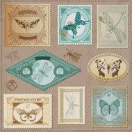 Vintage Post Stamps with Calligraphic Hand drawn Butterflies