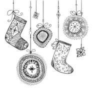 Doodle textured Christmas baubles and socks background