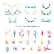 Set of gradient colored plant elements Twigs flowers plants