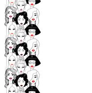 Crowd of women with red lips seamless line