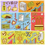 Banking and finance colorful doodle banners Hand drawn Vector illustration