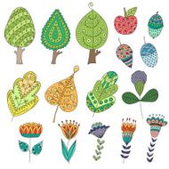Set of cartoon doodle trees flowers fruits leaves