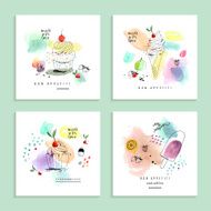 Watercolor art with cupcakes and ice cream Four creative cards