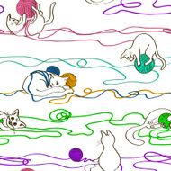 Seamless pattern with cats playing ball of yarn
