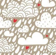 Seamless pattern with clouds and falling raindrops hearts