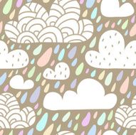 Seamless pattern with clouds and falling raindrops in pastel col