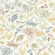 Seamless pattern with realistic seeds plants flowers in doodle design N2