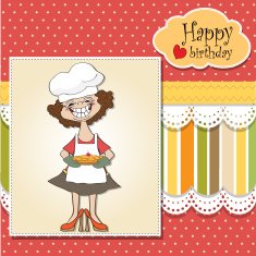 birthday greeting card with funny woman and pie N14
